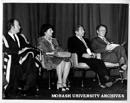 Opening of Krongold Centre, from left: Vice-Chancellor Professor W. A. G. Scott (left), Mrs Dinah Krongold, Mr Henry Krongold, and Prime Minister Mr Malcolm Fraser