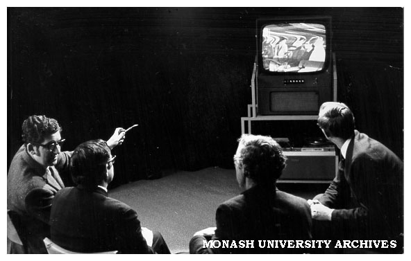 Education faculty discussing seminar techniques, from left: Dr D. Phillips, Dr K. Cleverley, Mr J. Fyfield, and Mr J. Clift