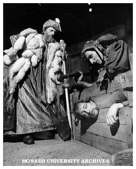 Scene from 'King Lear'. Lear (Reg Evans) and the Fool (Joe Bolza) discover Kent (Robert Bell) in the stocks