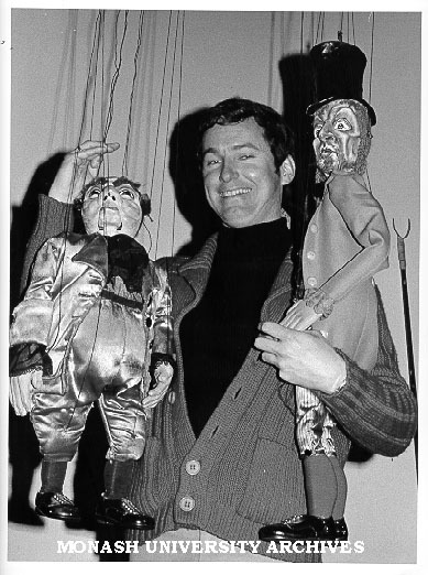 Phillip Edmiston producer with marionettes from 'The Grand Adventure' with 2 of the cast of 100 marionettes