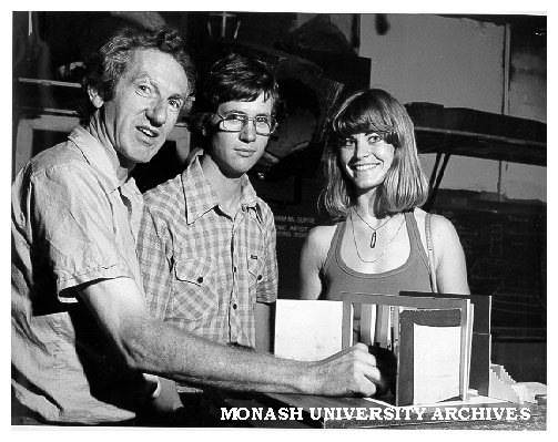 Set designer Graham McGuffie with students James McDougall and Margaret Meyer