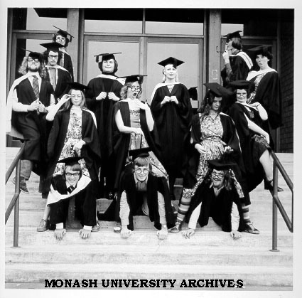 Cast of 'Salad Days' on steps of Robert Blackwood Hall