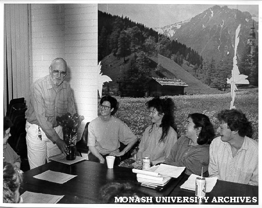 Richard Pannell presenting Playwrights on the Skids prize to Ms Margaret Mappin (second left) for her play 'Double Storeys'
