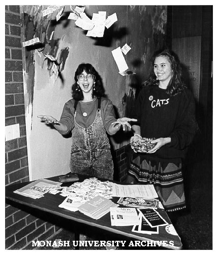 Felicity Pask and Michelle Gow greeting visitors to AIDS information seminar