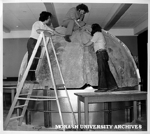 Student Walter Giadini working on mini planetarium with help from technical staff Ron Harrison and Paul Davies
