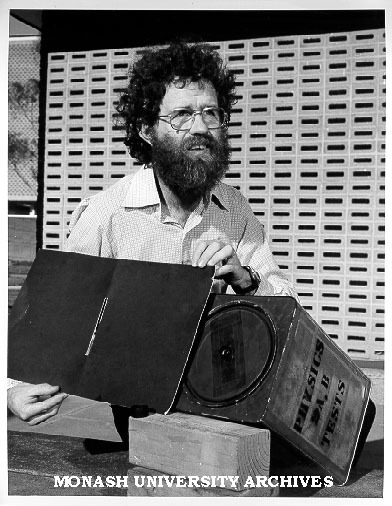 Dr Don Hutton with prototype of pinhole camera