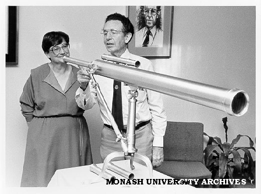 Mrs Elizabeth Durre with Professor John Swan and Sir John Monash telescope