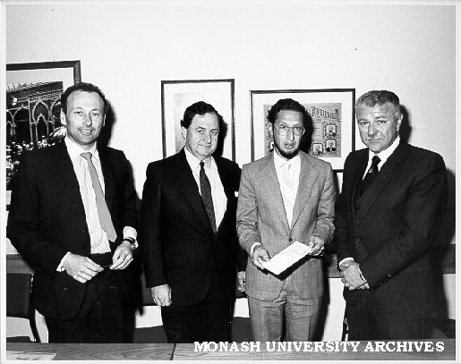 Launch of Wills Record Office Pty Ltd. from left: Paul Hudson, Montech; Peter Wade, Comptroller; Professor Les Goldschlager, Computer Science; and Henry Burstyner, Solicitor