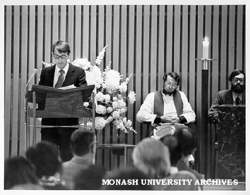 Dean of Humanities at Deakin, Dr Max Charlesworth speaking at service to mark start of academic year, Religious Centre, Clayton Campus