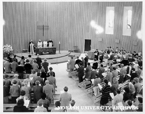 Silver Jubilee Thanksgiving Service in the Religious Centre, Clayton Campus. Officiating, from left: Father Laurie Foote, Pastor Peter Pfitzner, Rev. Philip Huggins and Rev. Peter Knowles