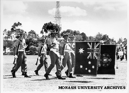 Presentation of Colours Parade, Senior Major Bob Hart and Junior Major Harry Guavin moving forward with uncased colors