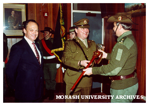 Handover of Sir John Monash sword to new commander of University Regiment.