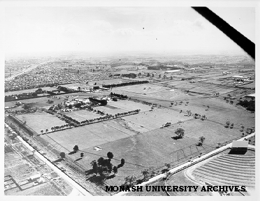 Aerial view of university site looking north west from corner of Wellington and Blackburn roads (drive-in in bottom right corner)