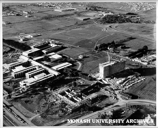 Aerial view of Science and Humanities buildings from south west, with foundations of Medicine buildings in foreground