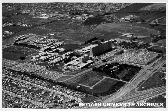 Aerial view of campus looking north east from intersection of Wellington and Dandenong roads
