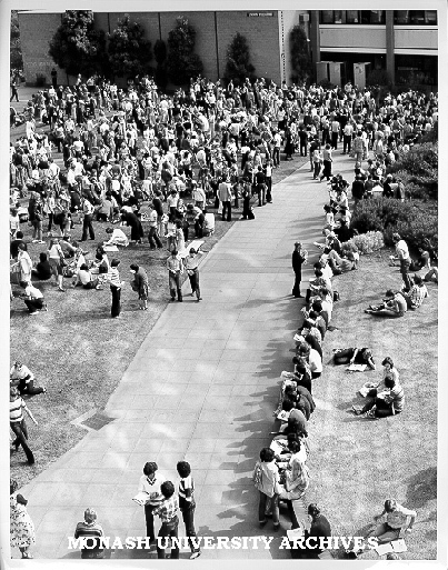 Raised view of students in forum