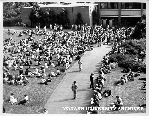 Raised view of students in forum