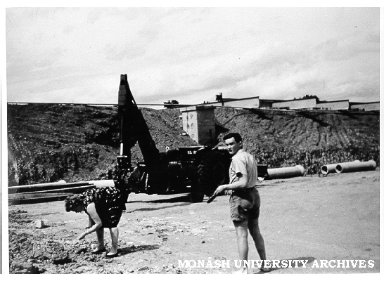 Construction site (possibly Union building), 26 January 1961, with Audrey and Stephen Matheson in foreground