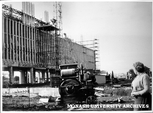 Construction of Arts building, 19 May 1962, with Audrey Matheson in foreground.