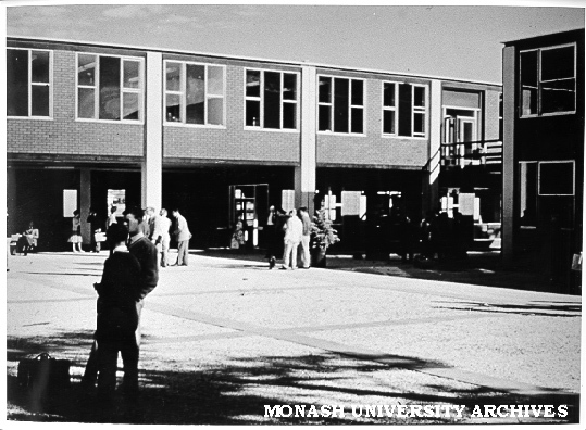 Science buildings with students in courtyard on first day of term 13 March 1961