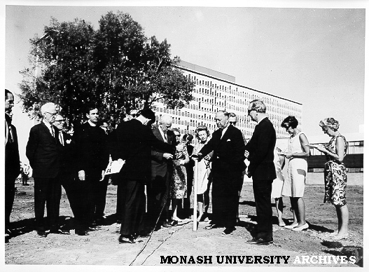Ceremony to drive first peg for Religious Centre, Premier Henry Bolte centre, 16 March 1967
