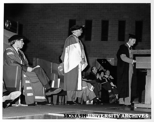 Vice-Chancellor Dr Louis Matheson (centre) being awarded honorary doctorate in Law with Chancellor Sir Richard Eggleston (left) looking on