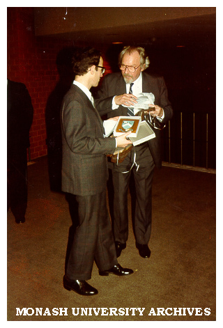 Organist Dr Harold Fabrikant (left) and conductor Mr William Reid at reception following Silver Jubilee Commemorative Concert