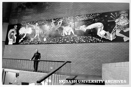 Robert Blackwood Hall Director, Mr Harold Karpin in front of Arthur Boyd triptych 'Australian Scapegoat'