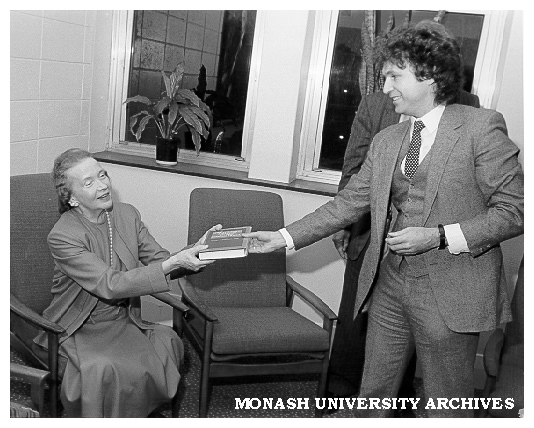 Professor Max King presenting book in honour of Professor Don Cochrane to Mrs Margaret Schofield