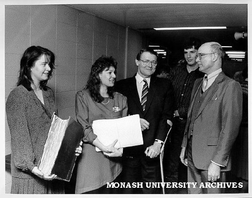 Representatives of J. B. Were and Sons at hand over of records to Donald Cochrane library. Librarian Henry Thorburn at right