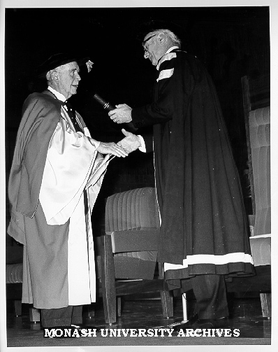 Sir Edmund Herring (left) receiving honorary Doctor of Laws from Vice-Chancellor Dr Louis Matheson