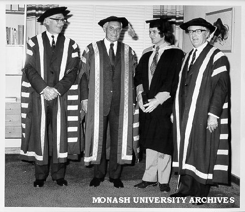 Honorary Master of Science, Mr K. N. G. Simpson of department of Zoology (second from right) with Vice-Chancellor Dr Louis Matheson (left); Governor and University Visitor, Sir Henry Winneke; and Deputy Chancellor Mr Ian Langlands