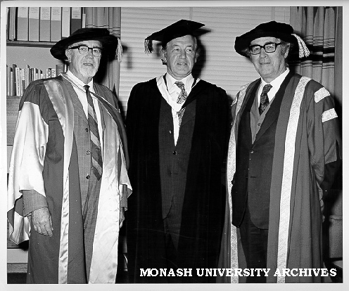 Honorary Doctor of Letters C. B. Christesen (left) with Victorian Premier Mr Rupert Hamer and Chancellor Sir Richard Eggleston