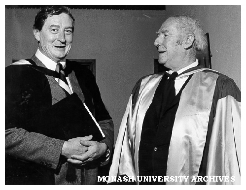 Honorary Doctor of Letters Professor A. D. Hope (right) with Professor D. Bradley