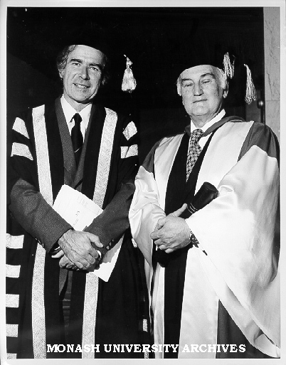 Honorary Doctor of Laws Sir Sydney Sunderland (right) with Vice-Chancellor Professor Ray Martin