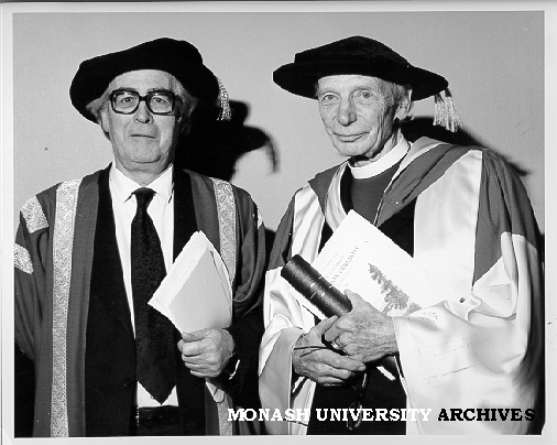 Honorary Doctor of Laws Sir Frank Woods (right) with Chancellor Sir Richard Eggleston