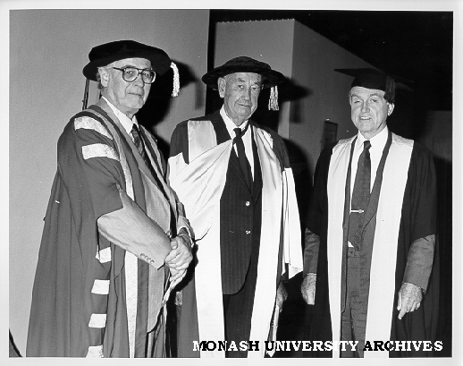 Honorary Doctor of Laws Sir Colin Yorke Syme (centre) with Chancellor Sir Richard Eggleston (left)