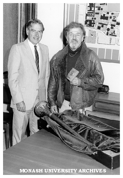 Professor Ray Martin (left) with sculptor Matcham Skipper and University Mace