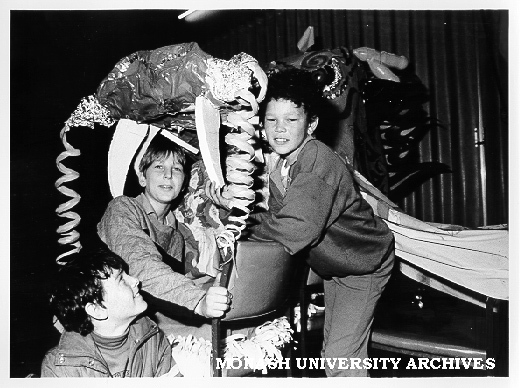 Krongold Centre children with dragon created for Chinese New Year, Jake McCarthy, Mathew Galt and Sym Jackson
