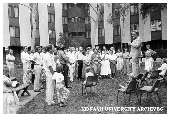 Reunion of former Deakin Hall residents with first warden Dr Jack McDonell (standing on chair)