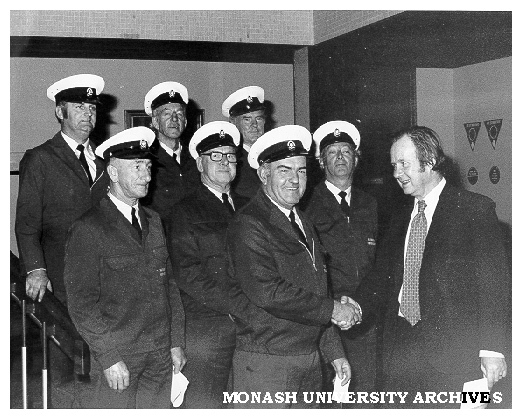 Drivers receiving awards from Acting Vice-Chancellor Professor Scott, from left: (back) John Tanner, Jack Finch, Allan Hickey; (front) Kevin Grace, Bill Kirby, Kevin Perry and Russell Hall