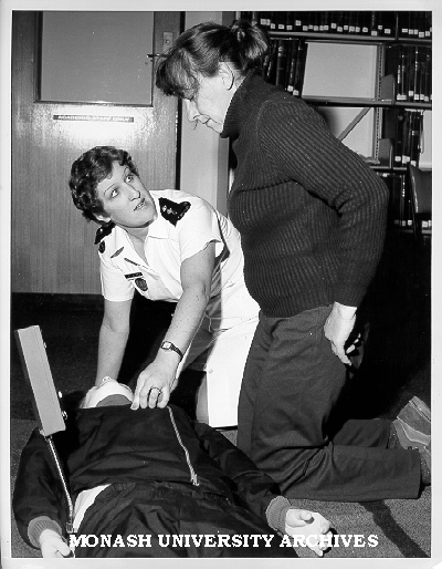 St John's Ambulance instructor Mandy Gibbs giving Marion Harland tips on first aid