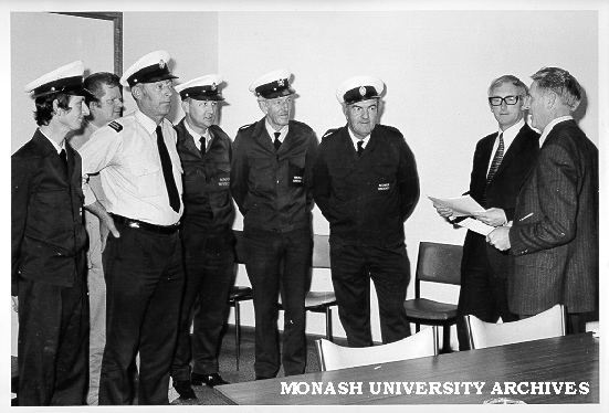Central Services drivers being presented with Free From Accident certificates, from left: Ian Newbold, John King, Russell Hall, Rodney Dixon, Jack Finch and Kevin Perry, by Bill Cunningham and Acting Deputy Comptroller Len Candy