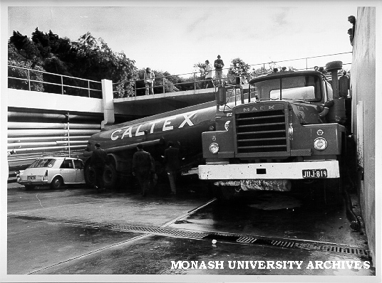 Accident scene in ramp at western end of Menzies building