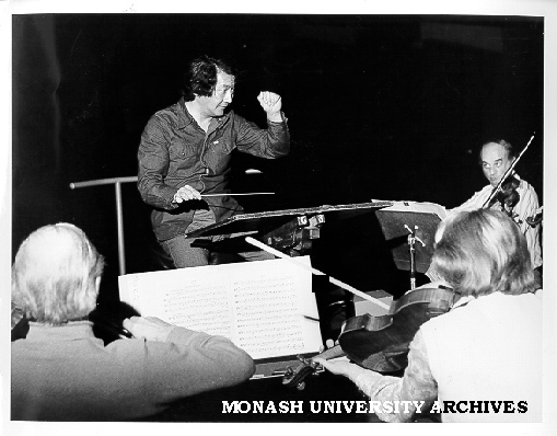 Japanese conductor Hiroyuki Iwaki with members of Melbourne Symphony Orchestra