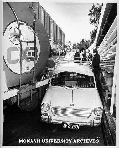 Accident scene in ramp at western end of Menzies building