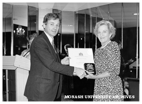 Dean of Engineering Professor Peter Darvall accepting Institute of Engineers Award from Mrs Hazel Hawke