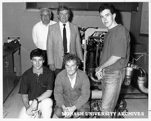 Students and staff with gas turbine designed and built with help of Ansett power plant manager Mr Alan Pickering (centre rear)