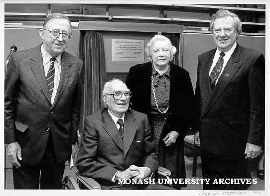 Chancellor Bill Rogers (left), Sir Louis Matheson, Audrey Matheson and Vice-Chancellor Professor Mal Logan pictured at naming of Sir Louis Matheson Library