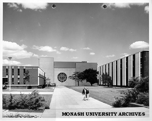 Forum from bookshop showing Administration, Robert Blackwood Hall and Main Library